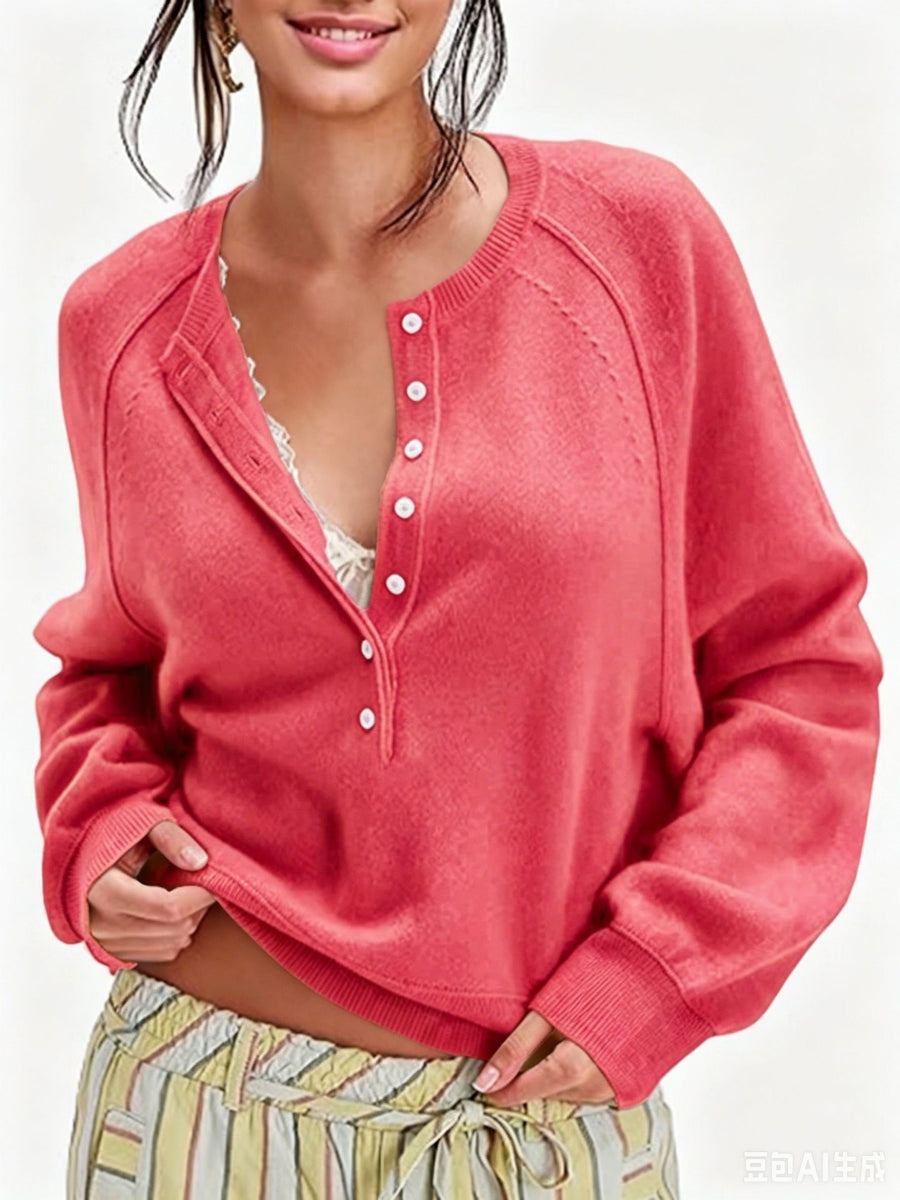 Womens Button-front Half-placket Sweater Top for Cozy Style