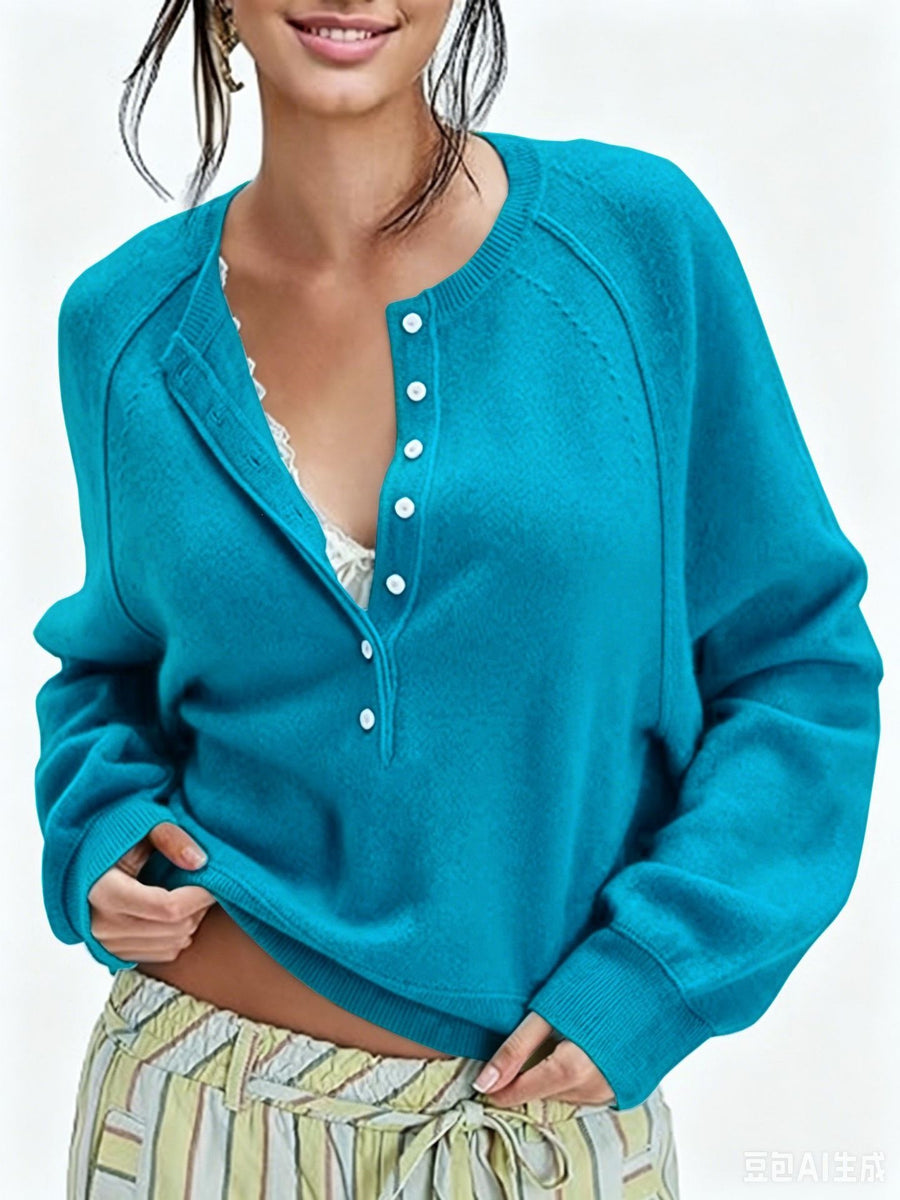 Womens Button-front Half-placket Sweater Top for Cozy Style