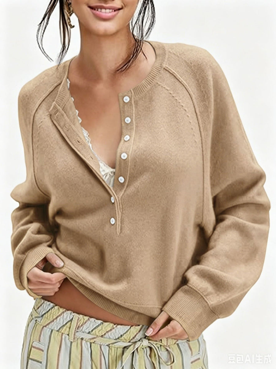 Womens Button-front Half-placket Sweater Top for Cozy Style