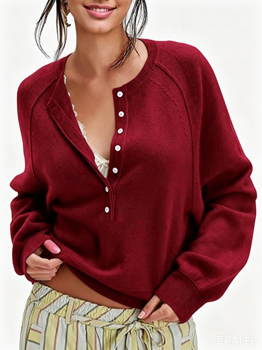 Womens Button-front Half-placket Sweater Top for Cozy Style