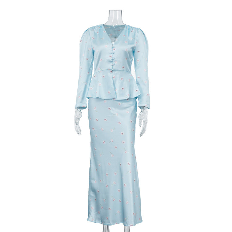 Womens Long-sleeve Cardigan Top And Printed Midi Skirt Set