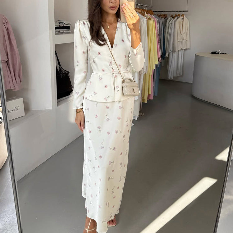 Womens Long-sleeve Cardigan Top And Printed Midi Skirt Set