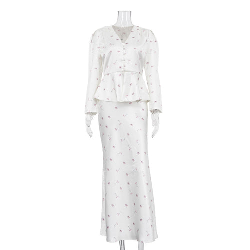 Womens Long-sleeve Cardigan Top And Printed Midi Skirt Set