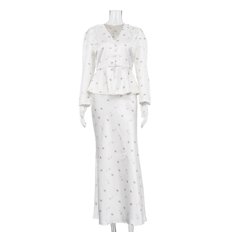 Womens Long-sleeve Cardigan Top And Printed Midi Skirt Set