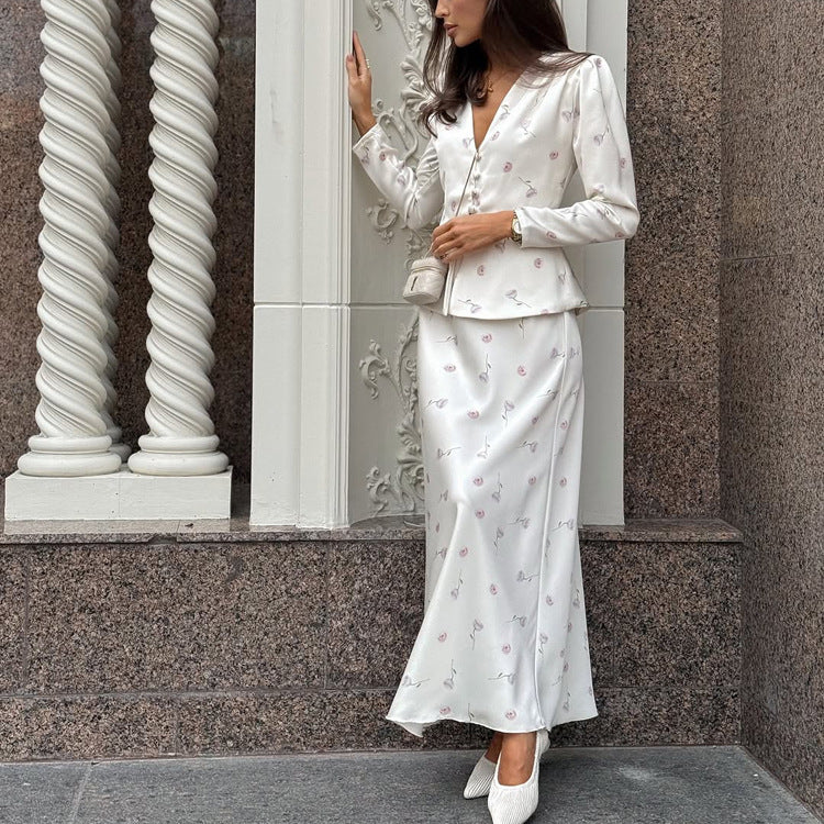 Womens Long-sleeve Cardigan Top And Printed Midi Skirt Set