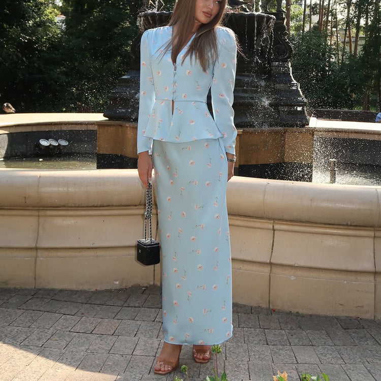 Womens Long-sleeve Cardigan Top And Printed Midi Skirt Set