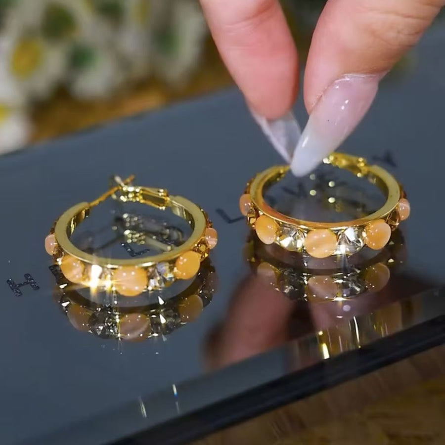 Coffee-colored Rhinestone Cat-eye Hoop Earrings