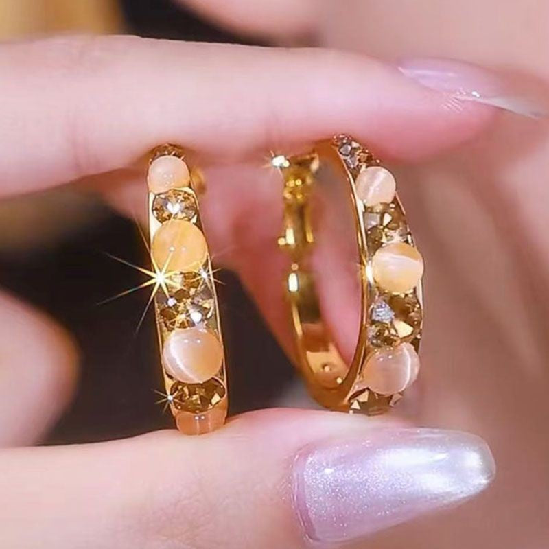 Coffee-colored Rhinestone Cat-eye Hoop Earrings