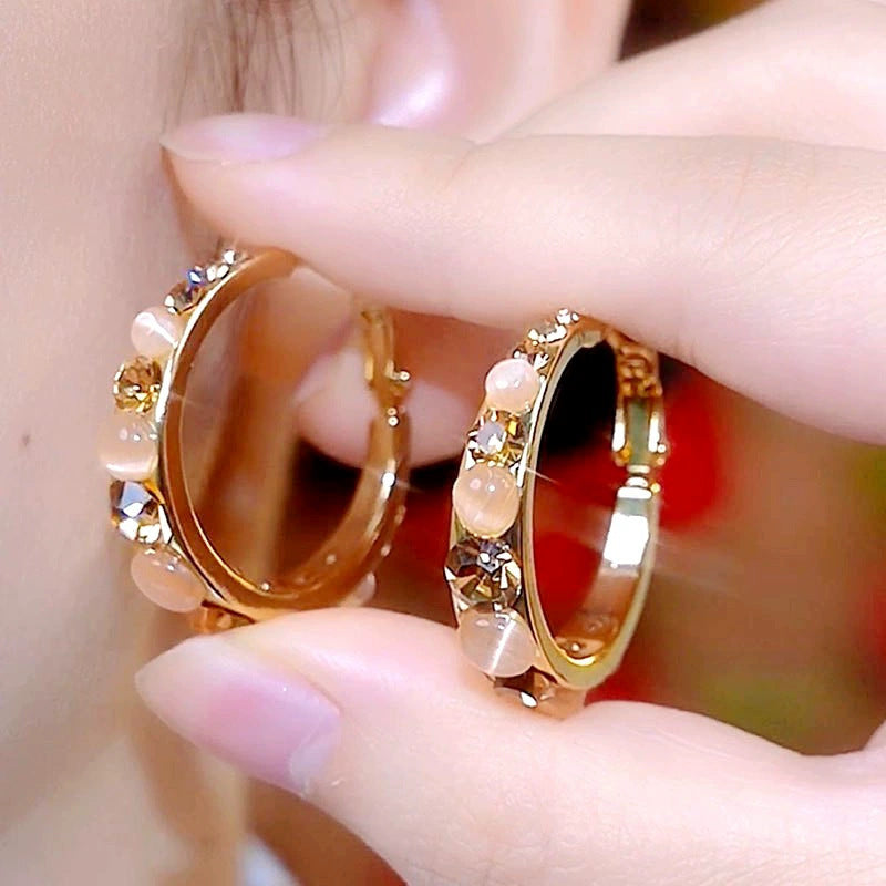 Coffee-colored Rhinestone Cat-eye Hoop Earrings