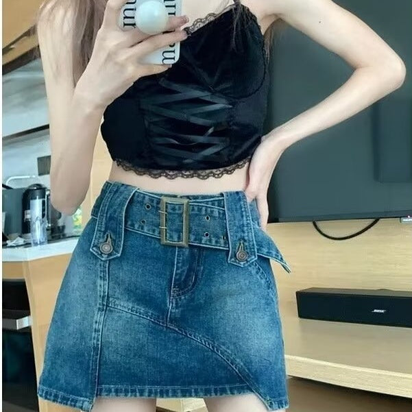 Retro Denim Maxi Skirt for Women - Hong Kong Style
