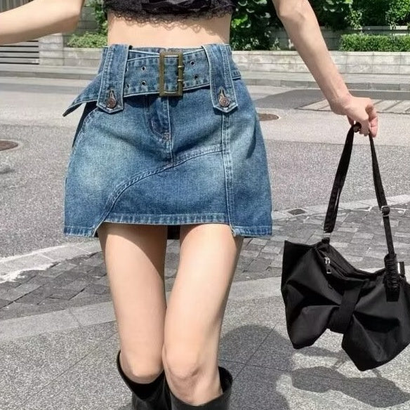 Retro Denim Maxi Skirt for Women - Hong Kong Style