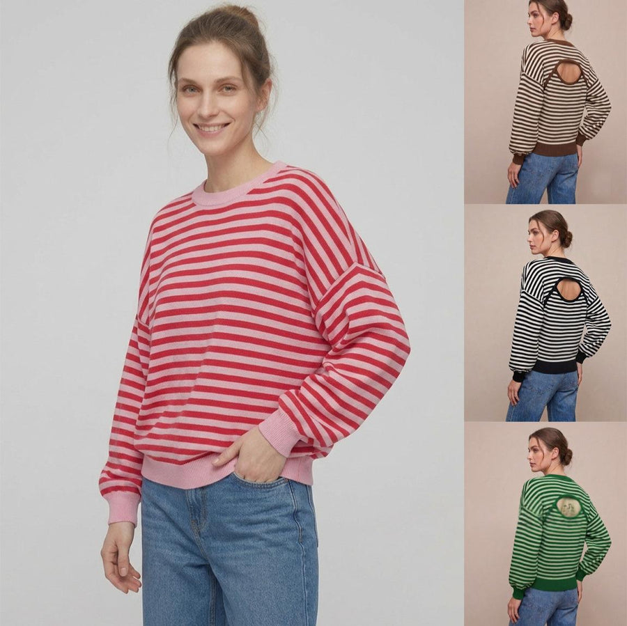 Backless Striped Color-Block Long-Sleeve Sweater for Women