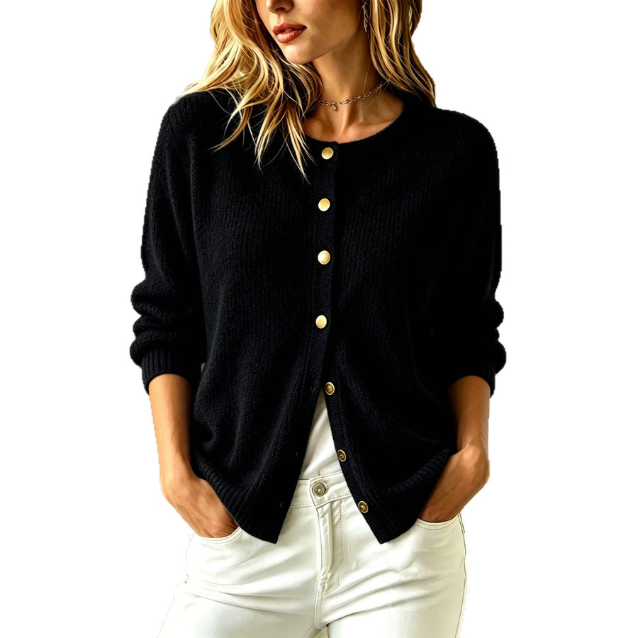 Womens Solid-color Button-up Cardigan Long-sleeve Sweater
