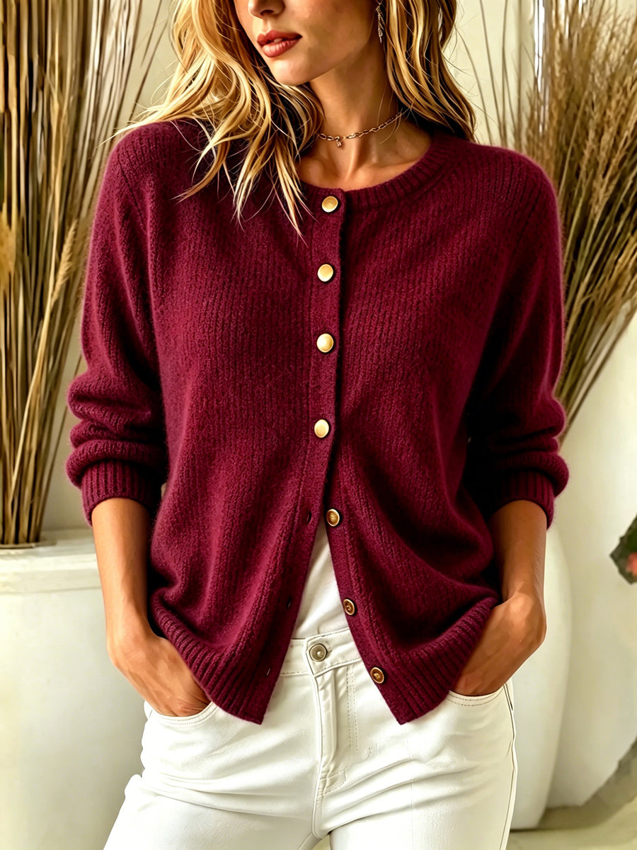 Womens Solid-color Button-up Cardigan Long-sleeve Sweater