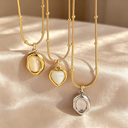 Cats Eye Stone Stainless Steel Heart Pendant Necklace