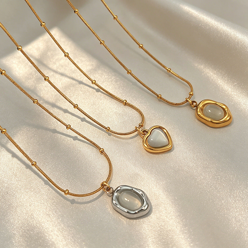 Cats Eye Stone Stainless Steel Heart Pendant Necklace