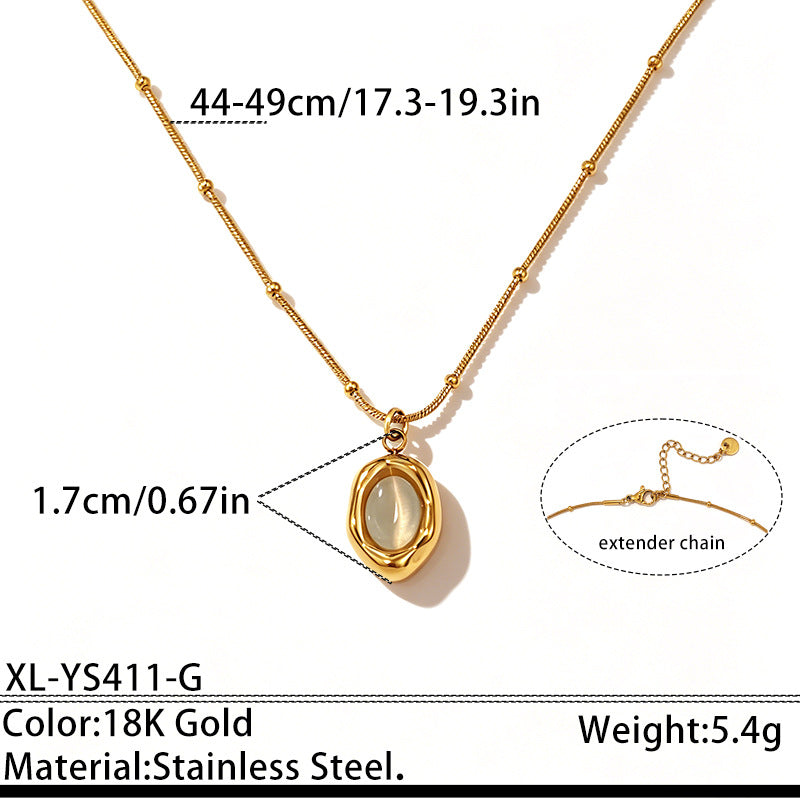 Cats Eye Stone Stainless Steel Heart Pendant Necklace