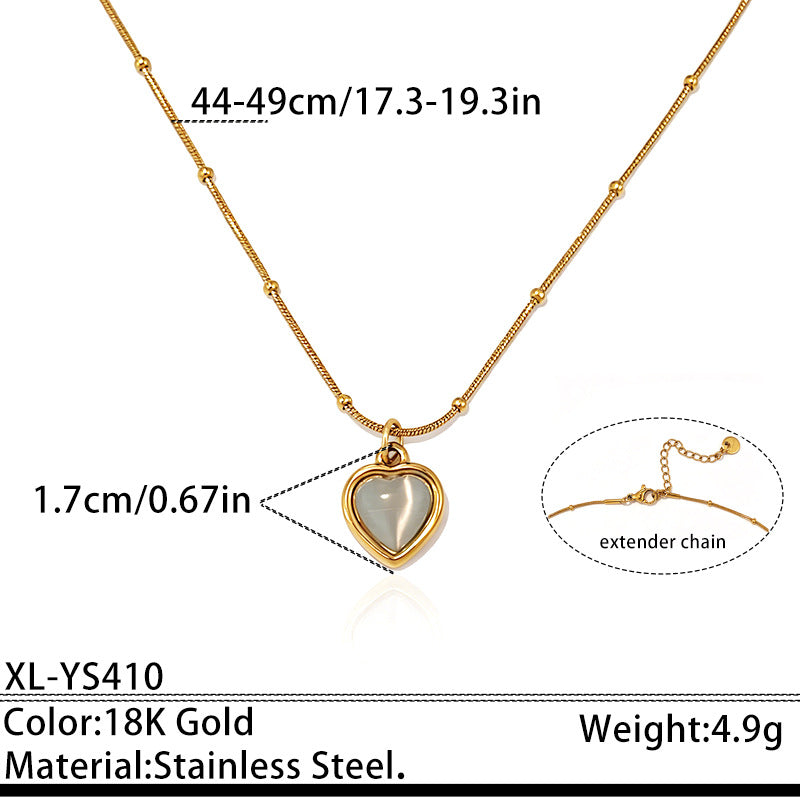 Cats Eye Stone Stainless Steel Heart Pendant Necklace