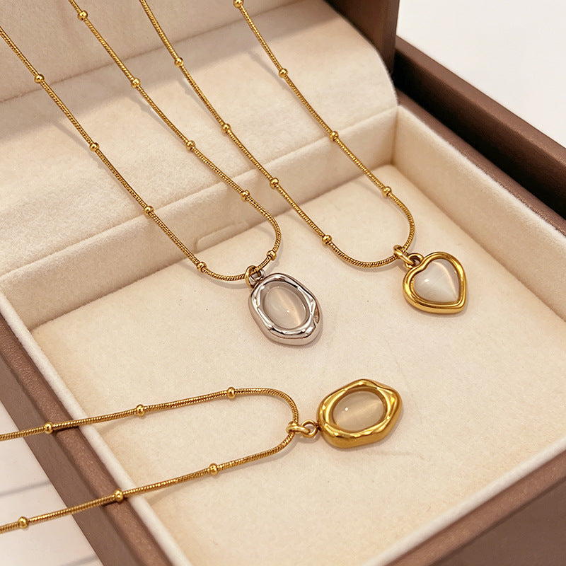Cats Eye Stone Stainless Steel Heart Pendant Necklace