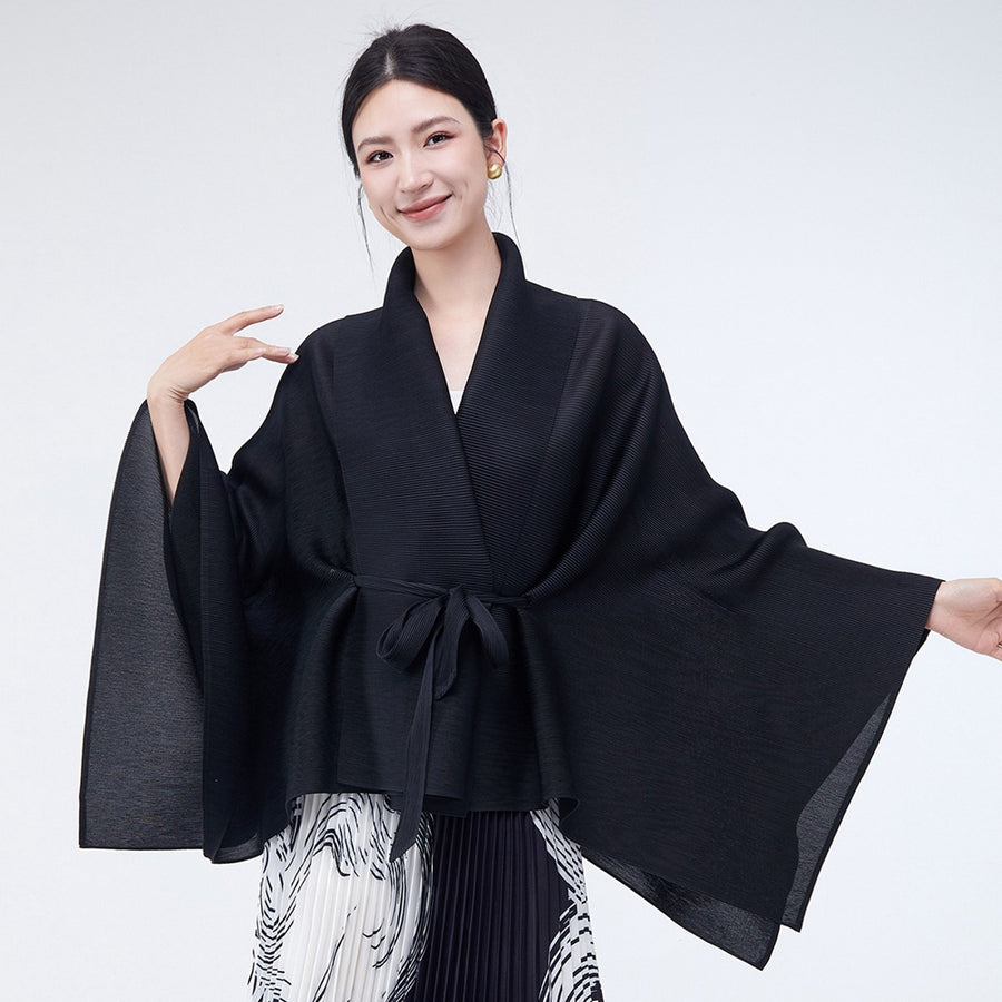 Loose-fitting Collared Tie-waist Cardigan Shawl - Versatile Style