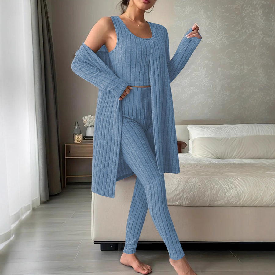 AutumnWinter Solid-Color Ribbed Three-Piece Lounge Set