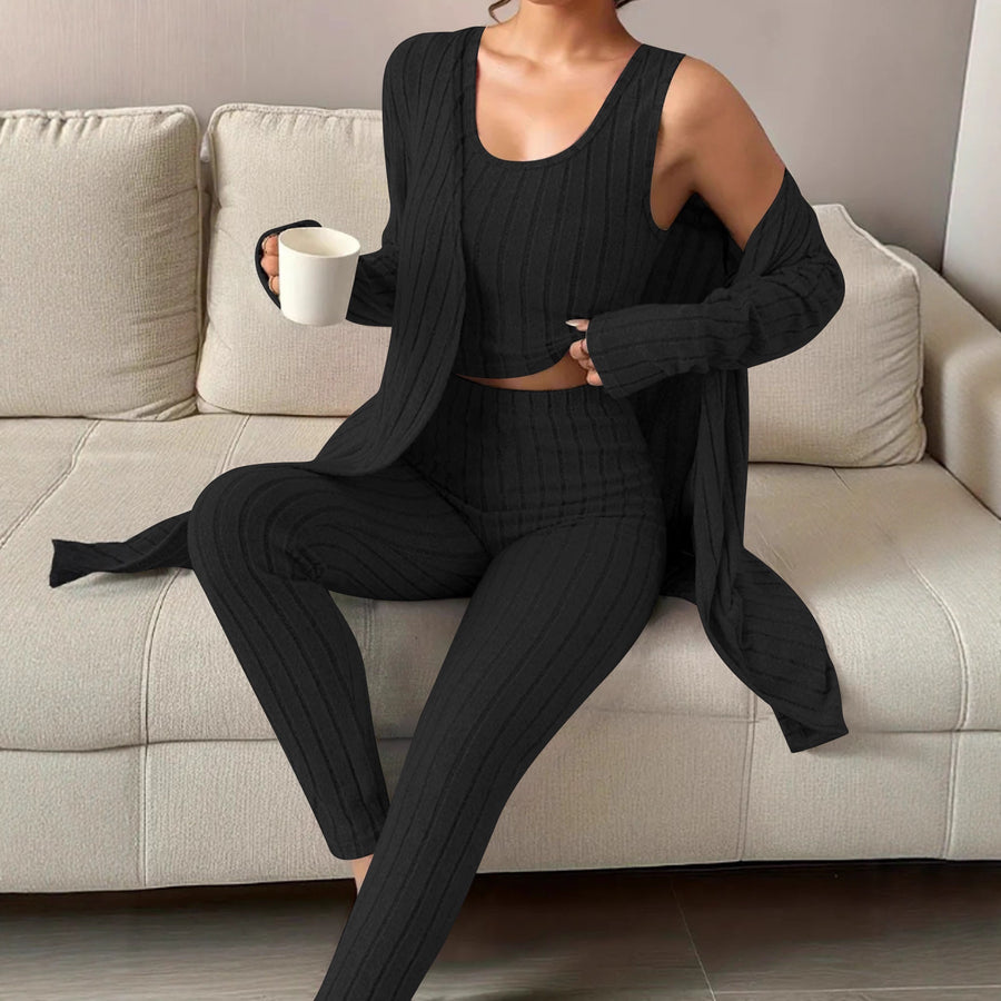 AutumnWinter Solid-Color Ribbed Three-Piece Lounge Set