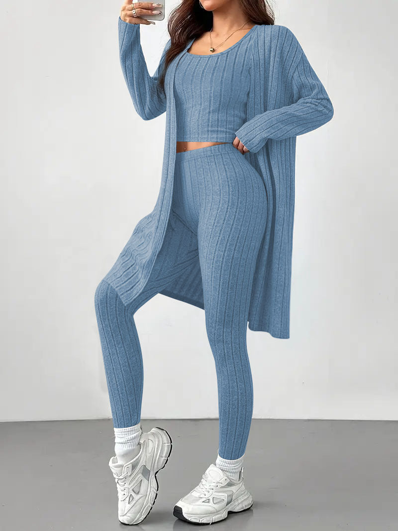 AutumnWinter Solid-Color Ribbed Three-Piece Lounge Set