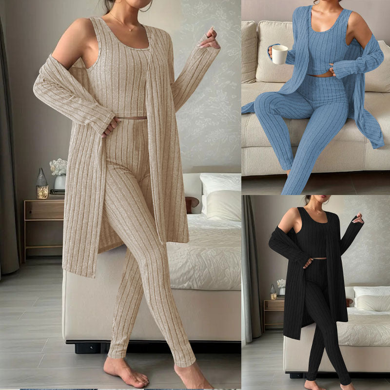 AutumnWinter Solid-Color Ribbed Three-Piece Lounge Set