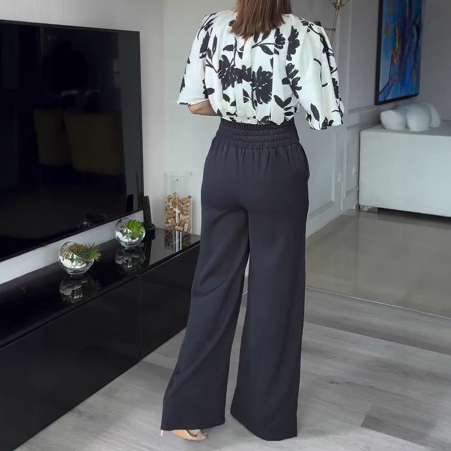 Retro Black Satin Floral-print Top with Flared Sleeves & Maxi Skirt