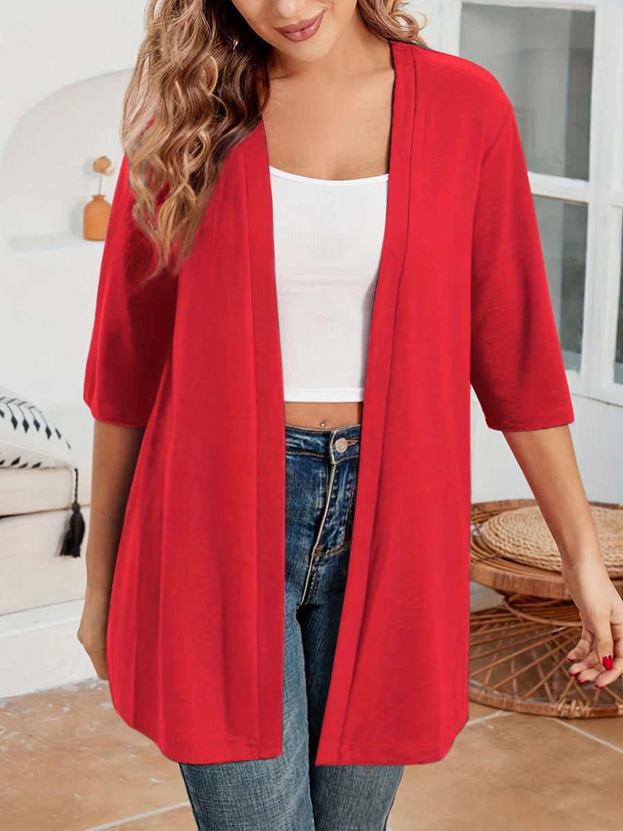 Womens Mid-Length Lightly Stretchy Cardigan with Short Sleeves