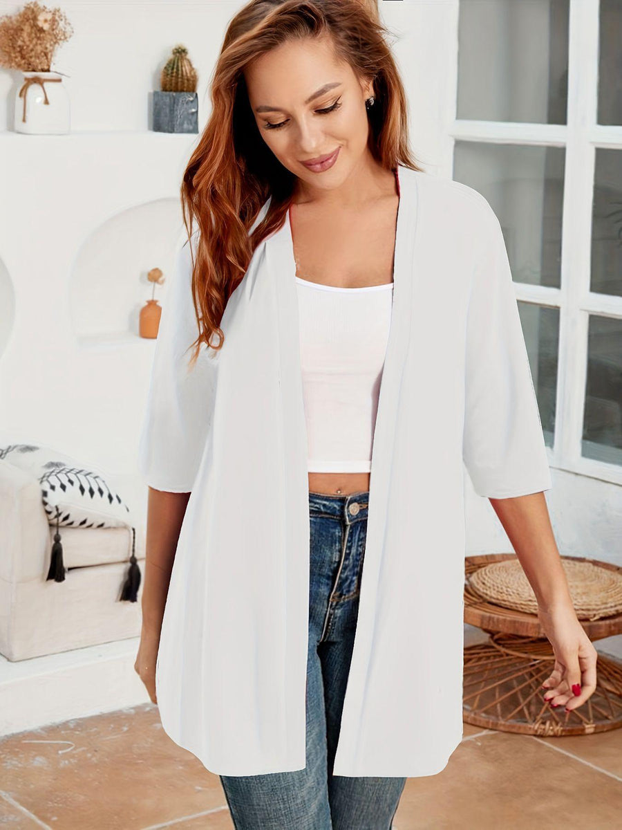 Womens Mid-Length Lightly Stretchy Cardigan with Short Sleeves