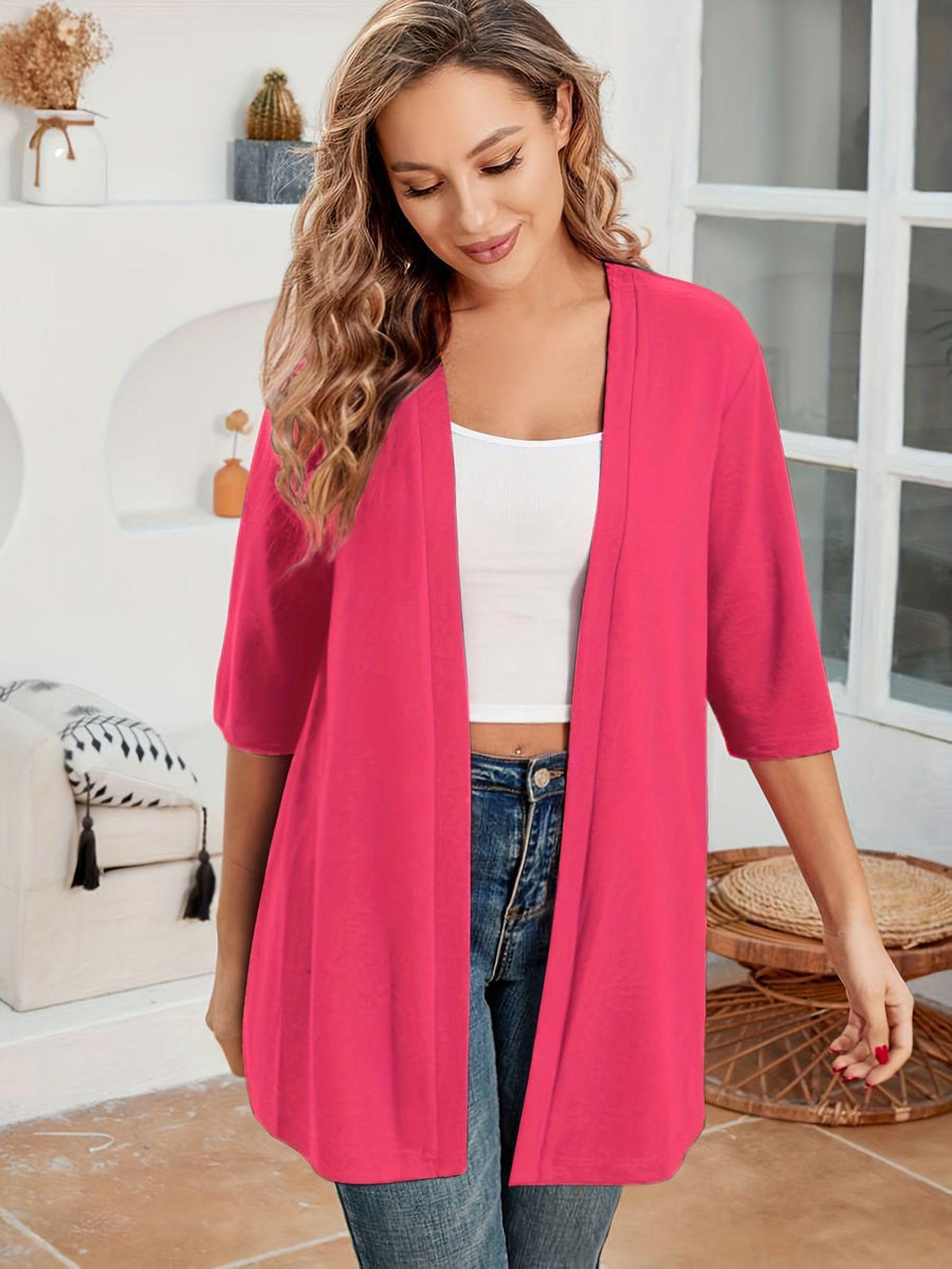 Womens Mid-Length Lightly Stretchy Cardigan with Short Sleeves