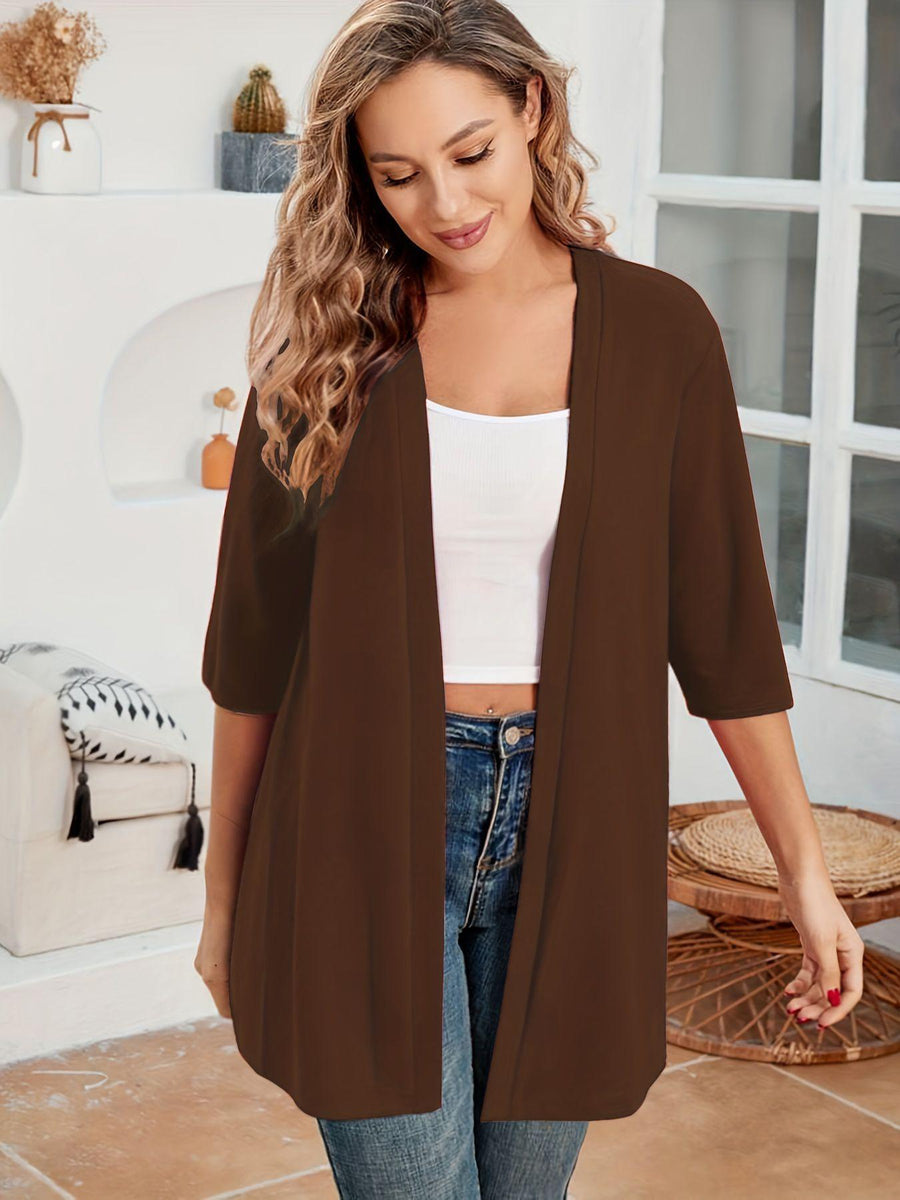 Womens Mid-Length Lightly Stretchy Cardigan with Short Sleeves