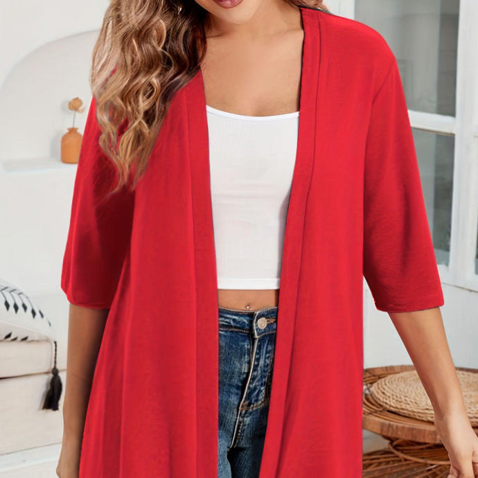 Womens Mid-Length Lightly Stretchy Cardigan with Short Sleeves