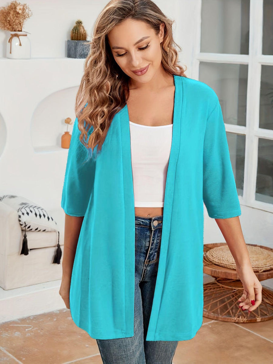 Womens Mid-Length Lightly Stretchy Cardigan with Short Sleeves