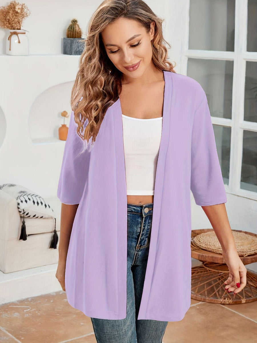 Womens Mid-Length Lightly Stretchy Cardigan with Short Sleeves