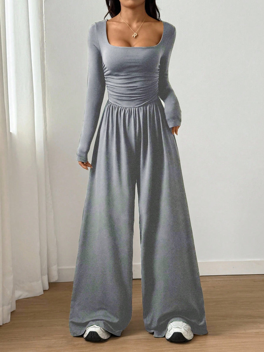 Long-sleeve Square-neck Casual Wide-leg Jumpsuit