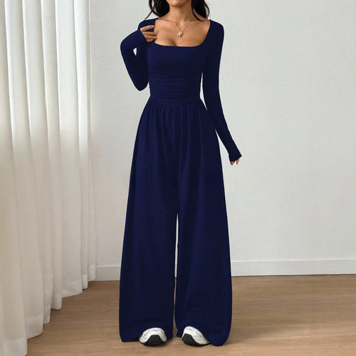 Long-sleeve Square-neck Casual Wide-leg Jumpsuit