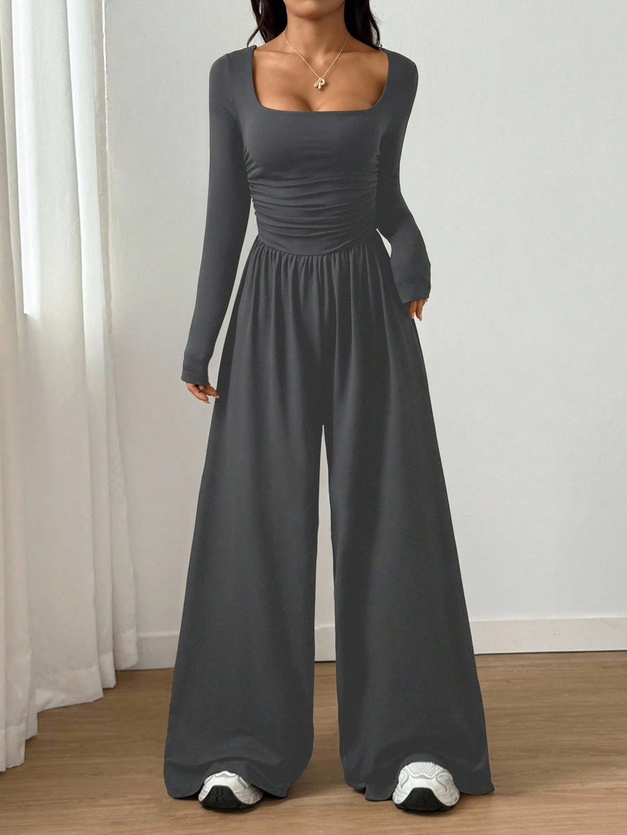 Long-sleeve Square-neck Casual Wide-leg Jumpsuit