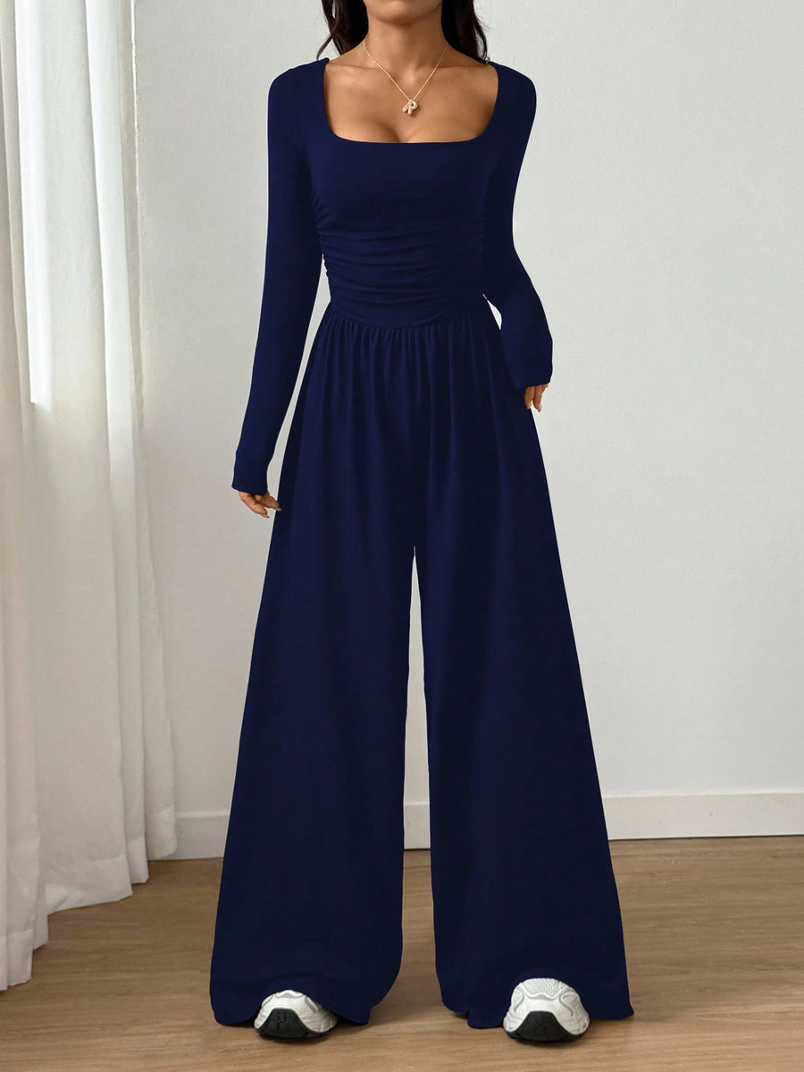 Long-sleeve Square-neck Casual Wide-leg Jumpsuit