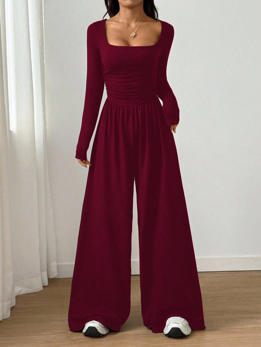 Long-sleeve Square-neck Casual Wide-leg Jumpsuit