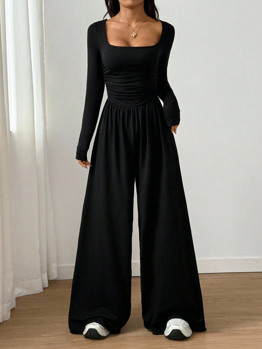Long-sleeve Square-neck Casual Wide-leg Jumpsuit