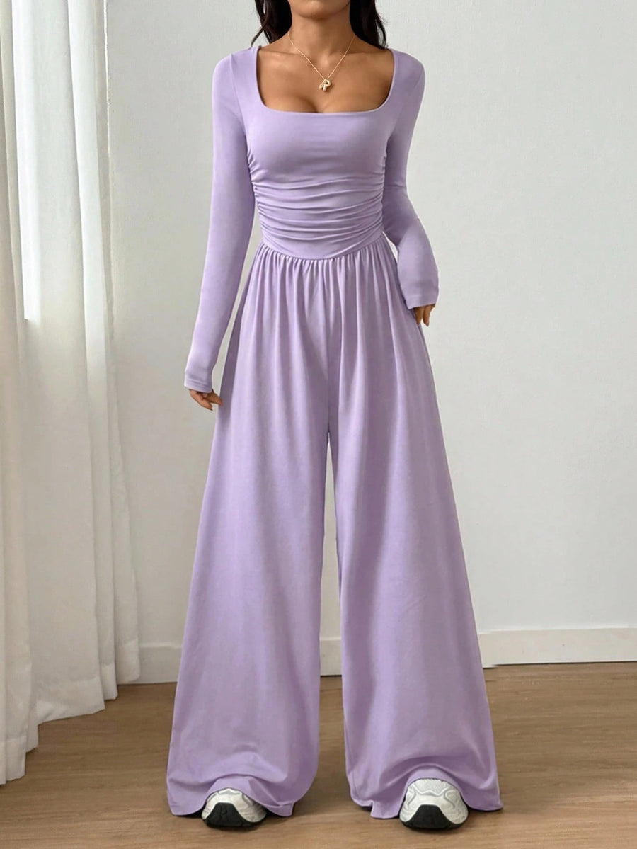 Long-sleeve Square-neck Casual Wide-leg Jumpsuit