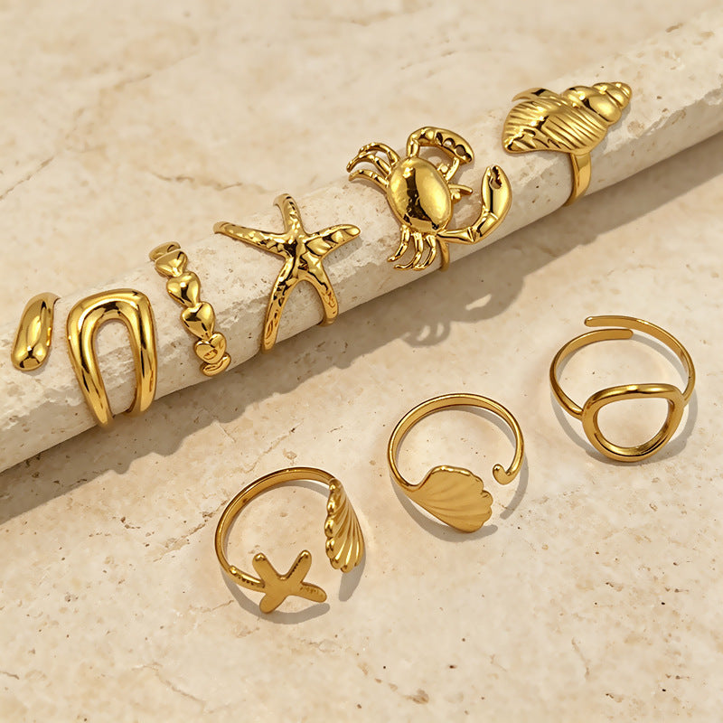 Stainless Steel Crab Starfish and Shell Ring - Unique Design