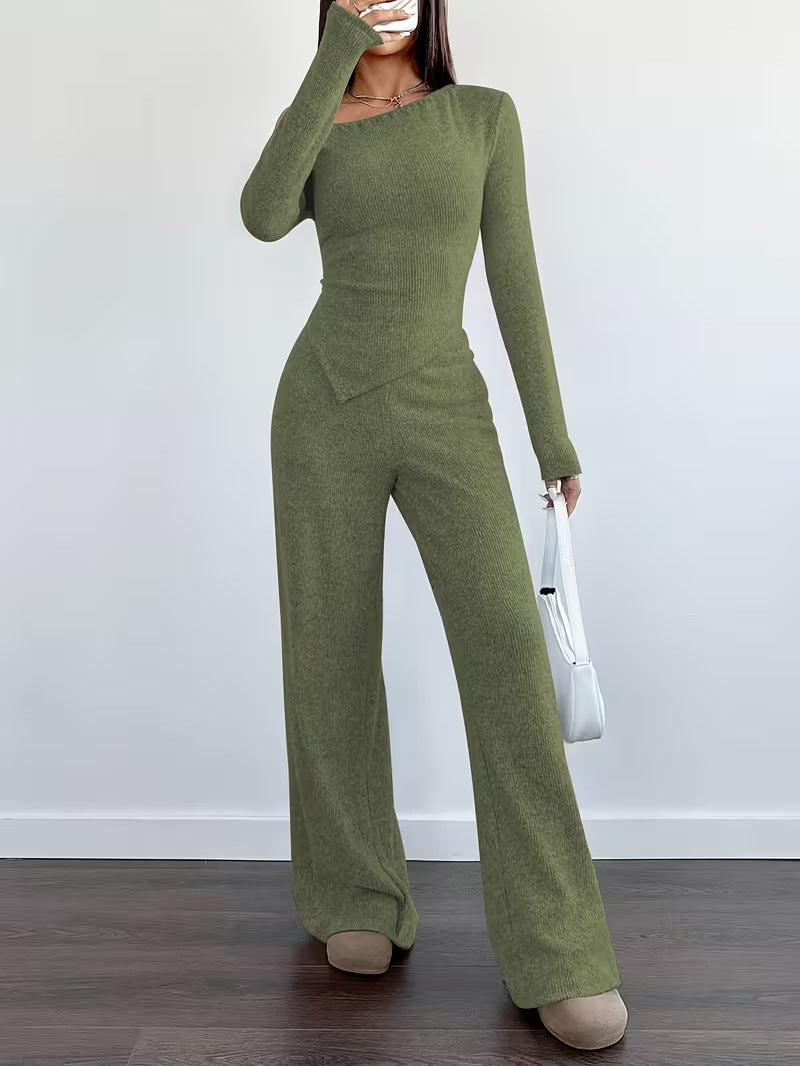 Dropped-shoulder Knit Set: Womens Long-sleeve Top & Wide Leg Pants