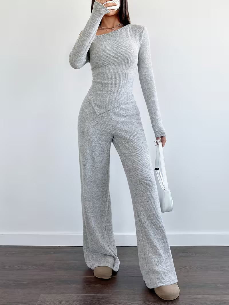Dropped-shoulder Knit Set: Womens Long-sleeve Top & Wide Leg Pants