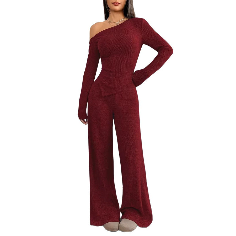 Dropped-shoulder Knit Set: Womens Long-sleeve Top & Wide Leg Pants
