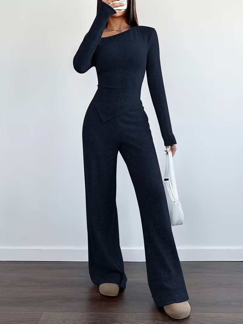 Dropped-shoulder Knit Set: Womens Long-sleeve Top & Wide Leg Pants