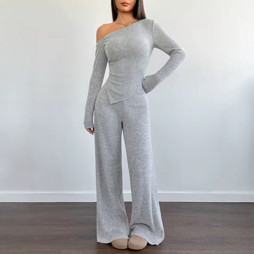 Dropped-shoulder Knit Set: Womens Long-sleeve Top & Wide Leg Pants