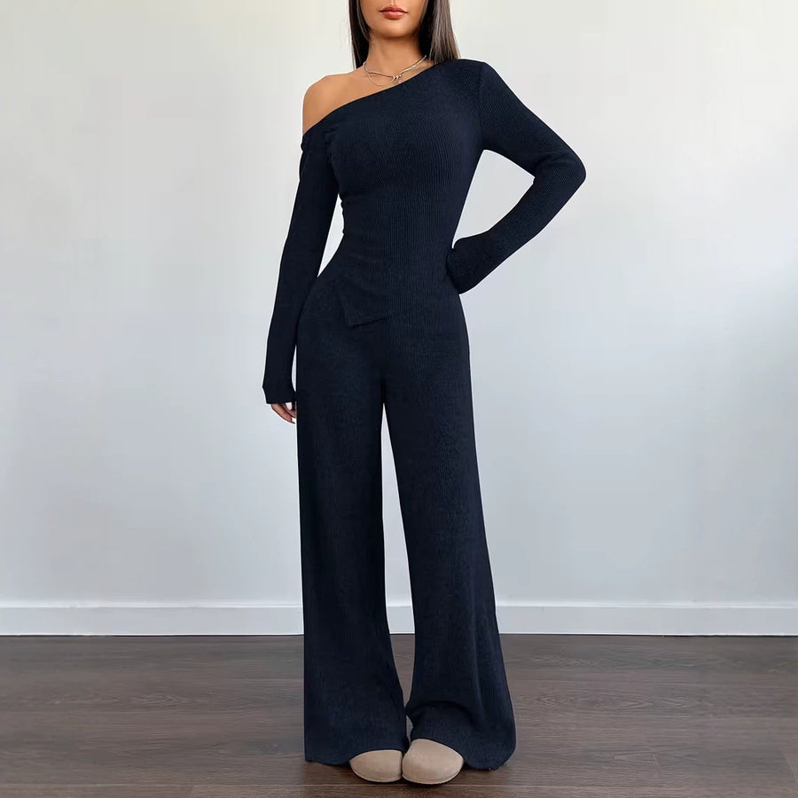 Dropped-shoulder Knit Set: Womens Long-sleeve Top & Wide Leg Pants